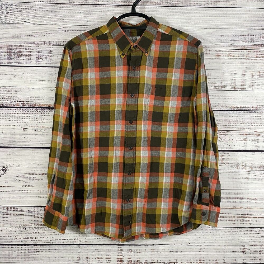 Ocean + Coast Mens Cotton Plaid Flannel Shirt Sz Large Olive/Orange Button Front